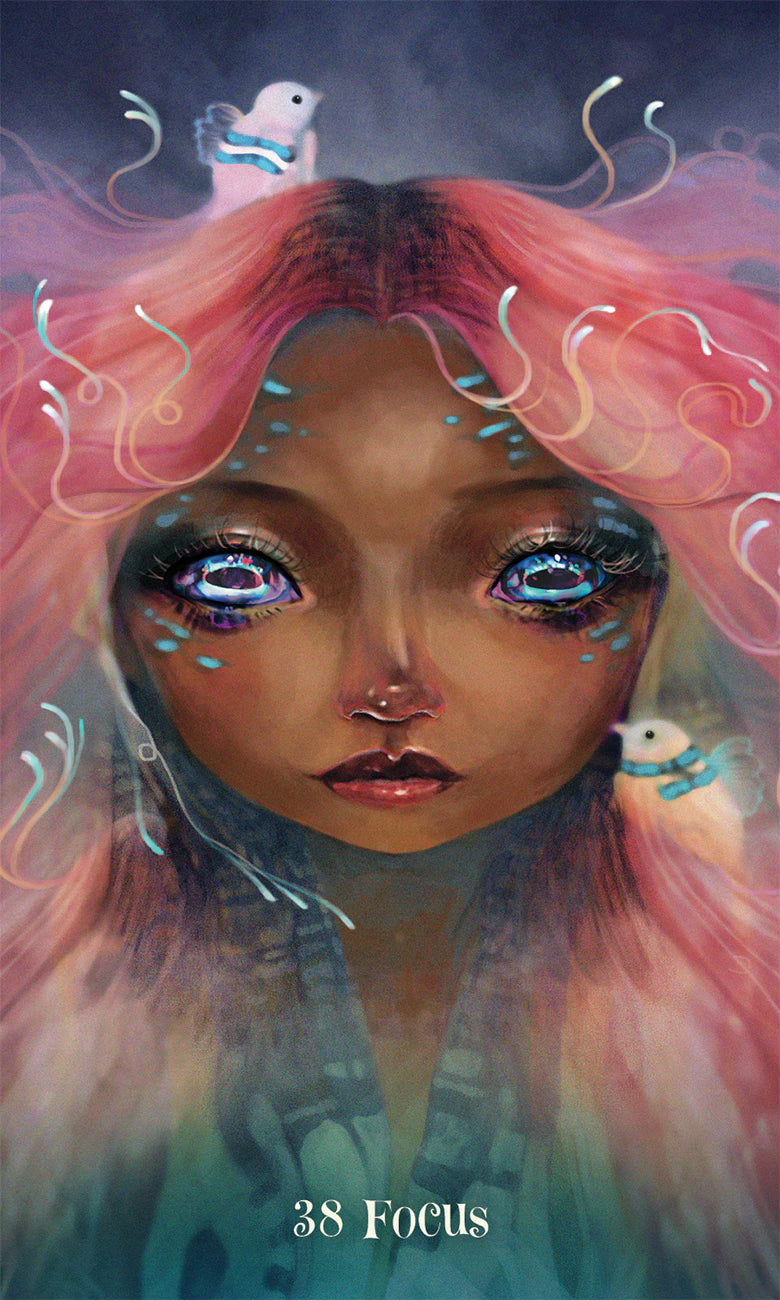 Artistic depiction of a person with pink hair and blue eyes, surrounded by abstract elements.