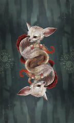 Illustration of a small creature with large ears and red accents on a dark background