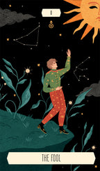 Illustration of a person reaching towards the sky with constellations and a sun, labeled 'The Fool'.