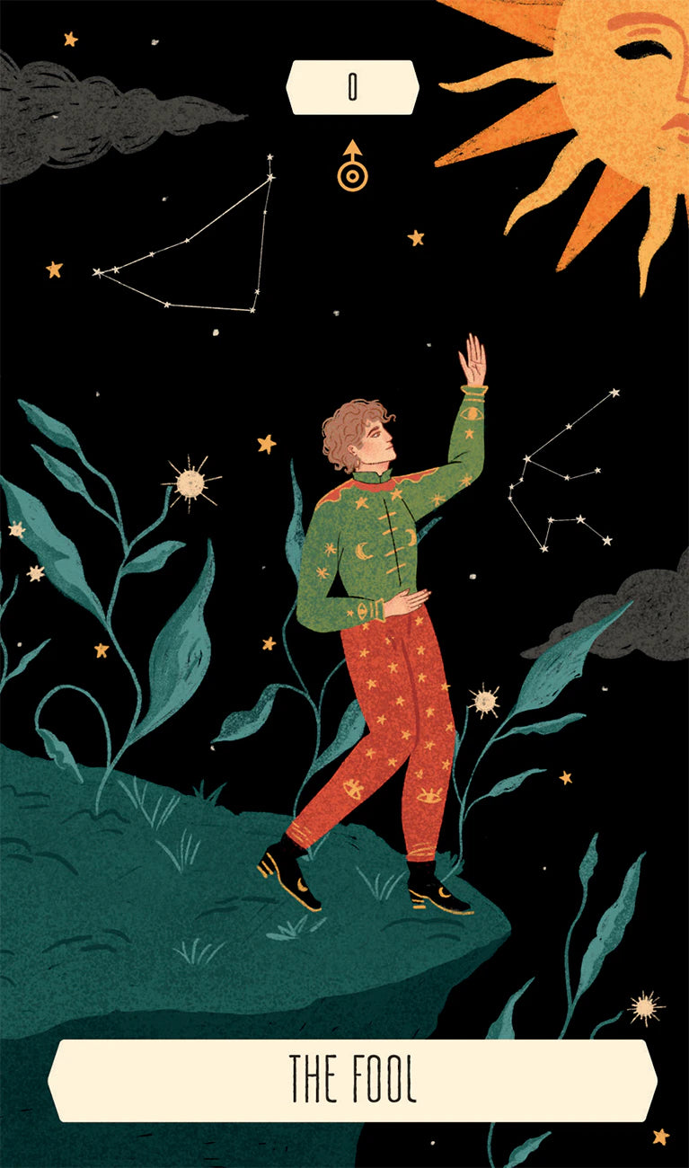 Illustration of a person reaching towards the sky with constellations and a sun, labeled 'The Fool'.