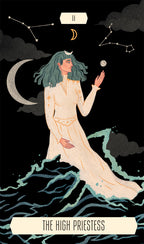Illustration of 'The High Priestess' tarot card with a woman in a white robe against a dark background with celestial elements.