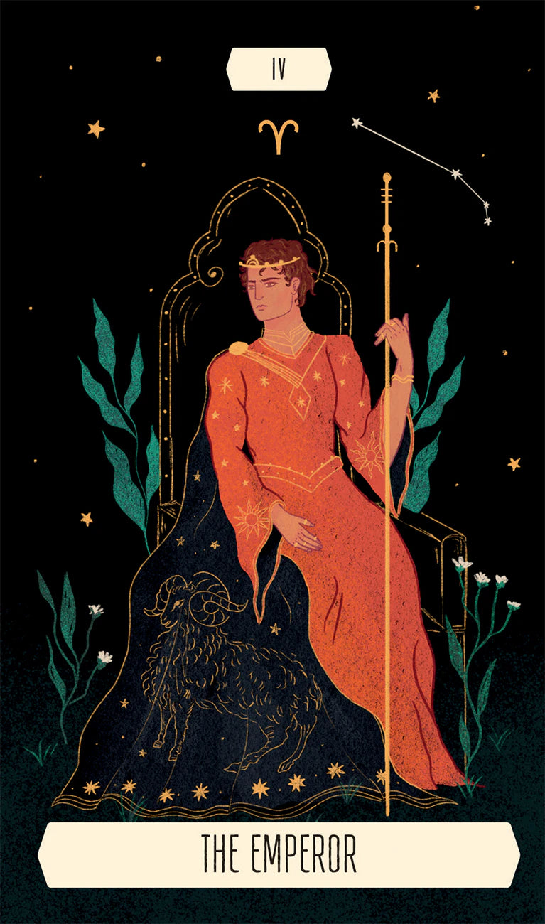 Tarot card featuring 'The Emperor' with a person in red robes holding a staff, surrounded by nature elements on a dark background.