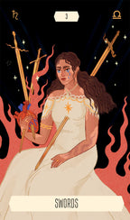 Tarot card with a woman holding swords against a dark background