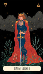King of Swords tarot card with a figure in regal attire holding a sword against a dark background with stars.