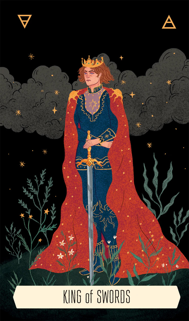 King of Swords tarot card with a figure in regal attire holding a sword against a dark background with stars.