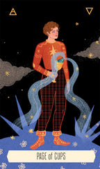 Illustration of a person in an orange sweater with cosmic elements on a tarot card design.