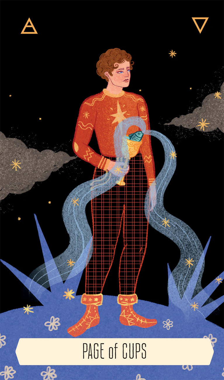 Illustration of a person in an orange sweater with cosmic elements on a tarot card design.