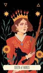 Illustration of 'Queen of Wands' tarot card with a person in red attire holding a black cat and a wand, surrounded by flowers and geometric shapes.