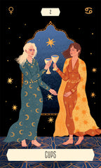 Two women in colorful robes holding hands with a starry night background, labeled 'Cups'.