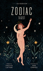 Book cover of 'Zodiac Tarot' with illustrations of a woman and stars on a dark background.