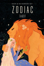 Illustration of a woman embracing a lion with a zodiac theme, featuring the word 'Zodiac'.