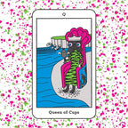 Card featuring 'Queen of Cups' with colorful background