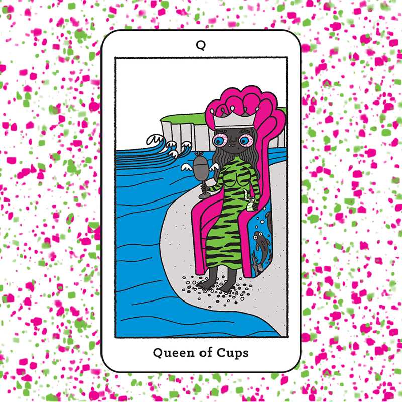 Card featuring 'Queen of Cups' with colorful background