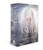 Book cover for 'Angel Oracle' by Debbie Malone, showing a white angel with large wings on a blue-gray cloudy background, with the title and author name printed prominently.