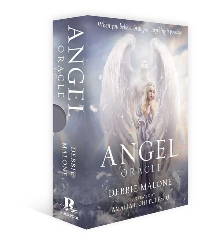 Book cover for 'Angel Oracle' by Debbie Malone, showing a white angel with large wings on a blue-gray cloudy background, with the title and author name printed prominently.