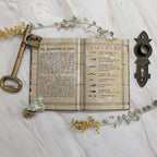 Open book with text and illustrations on a marble surface with decorative elements