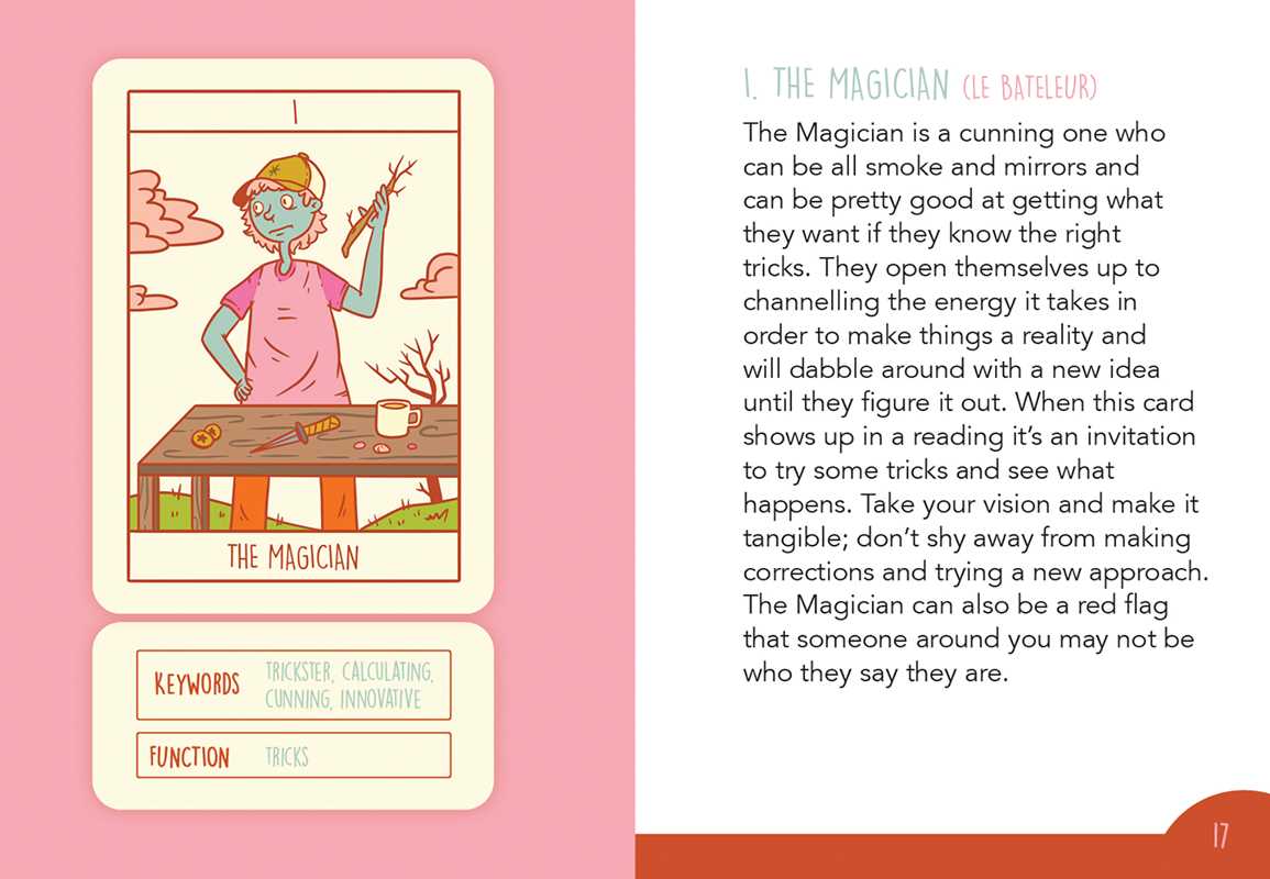 Card from a tarot deck with an illustration of a person labeled 'The Magician' on a pink background.