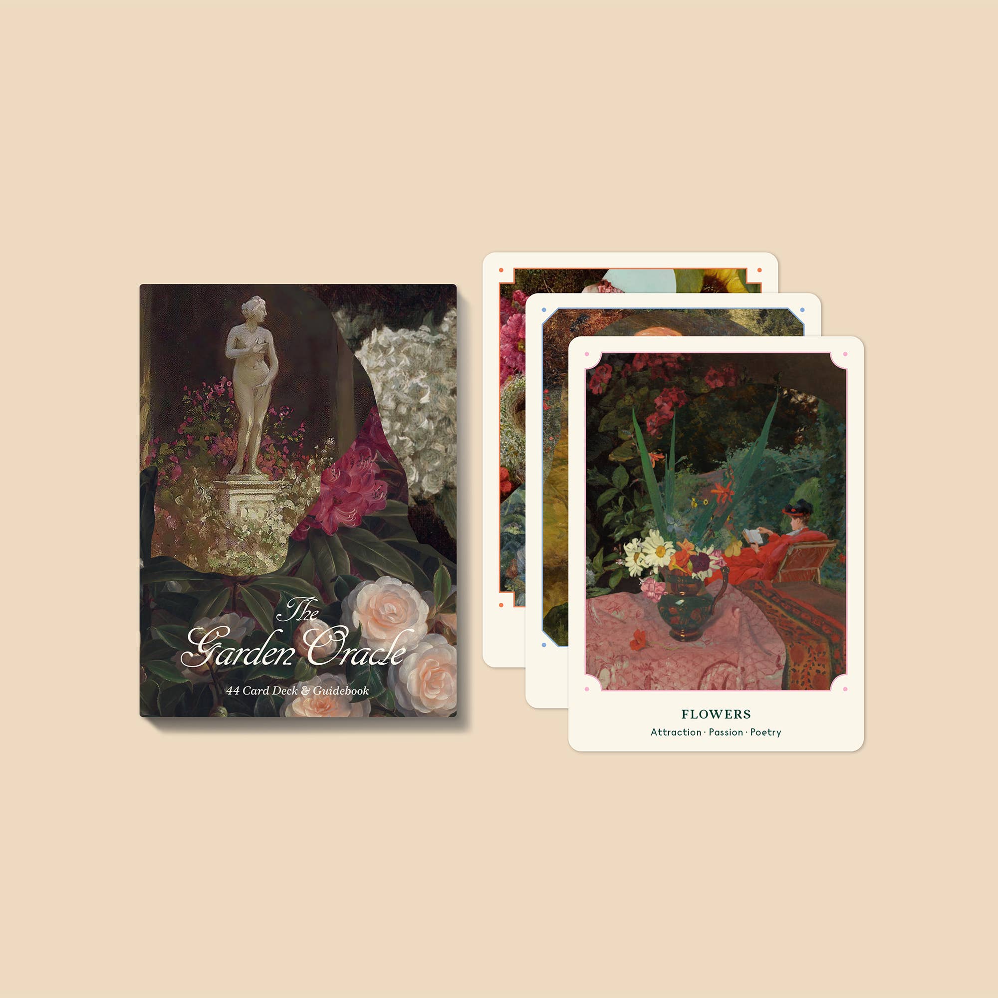 Garden-themed card deck with cover and cards displayed on a beige background