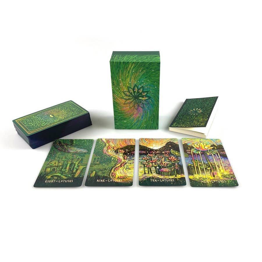 Set of tarot cards with colorful designs on a white background
