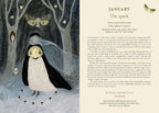 Illustration of a penguin in a forest with text on January rituals.