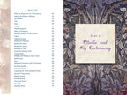 An open book or booklet spread showing printed text exercises on the left page and a decorative illustrated cover or title page on the right. The right side has a dense botanical pattern in muted blue, gray, and burgundy tones with a central cream panel reading 'Part 1 Etteilla and His Cartomancy.