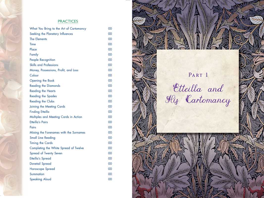 An open book or booklet spread showing printed text exercises on the left page and a decorative illustrated cover or title page on the right. The right side has a dense botanical pattern in muted blue, gray, and burgundy tones with a central cream panel reading 'Part 1 Etteilla and His Cartomancy.