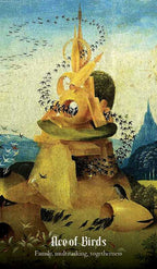 Decorative card with a stylized illustration of a family of birds and a tower, featuring text 'Ace of Birds' at the bottom.