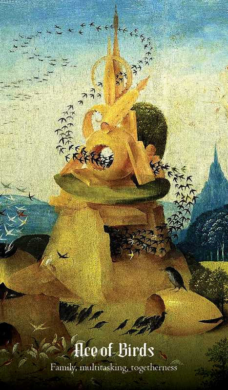 Decorative card with a stylized illustration of a family of birds and a tower, featuring text 'Ace of Birds' at the bottom.