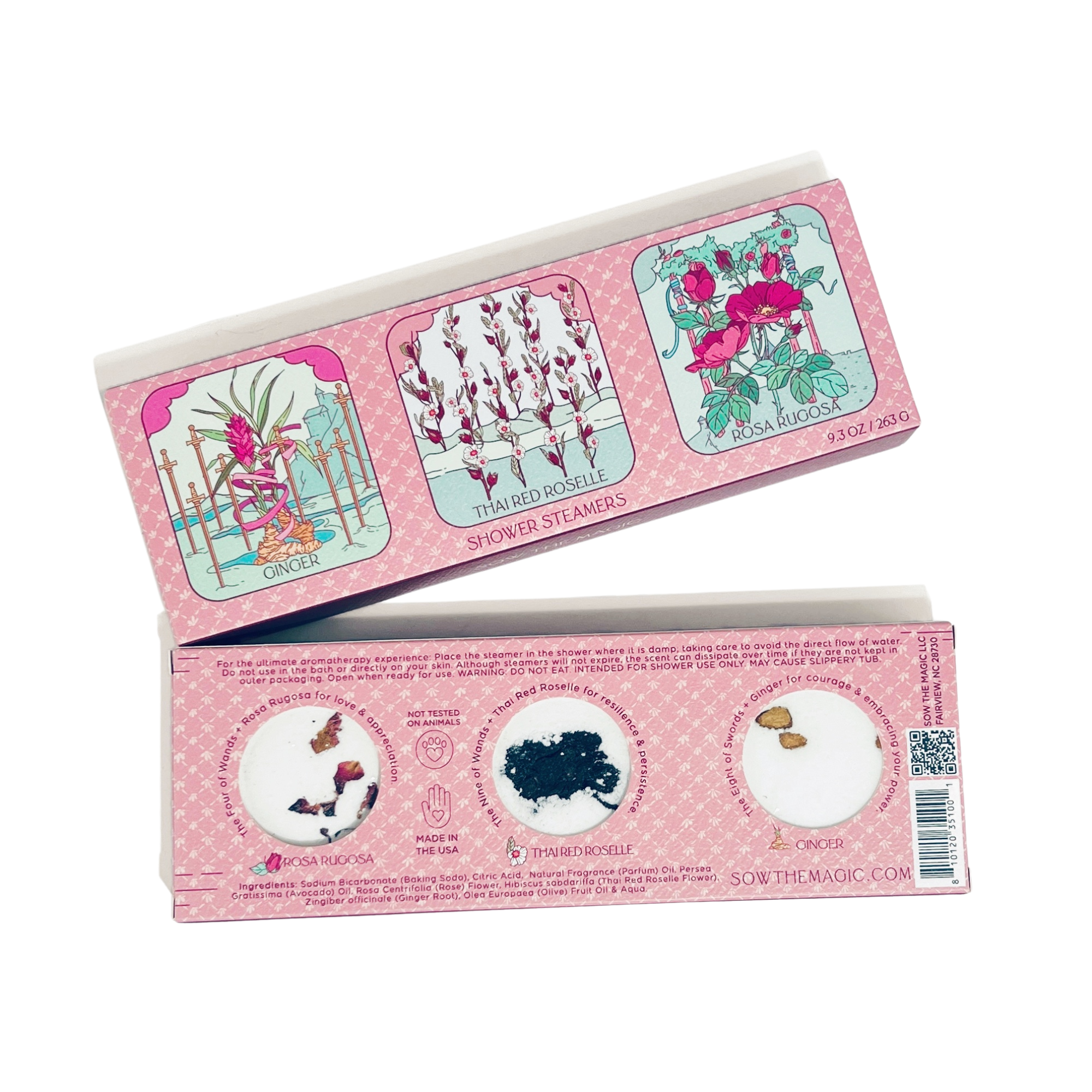 Box of shower steamers with colorful designs on a white background