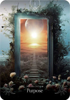 Framed artwork of a sunset over water with floral elements and 'Solar Cycle 1: Purpose' text.