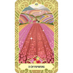 Colorful tarot card with a path, castle, and flowers on a white background