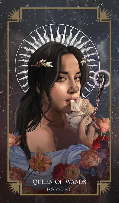 Illustration of a woman with flowers and a celestial design, titled 'Queen of Wands'.