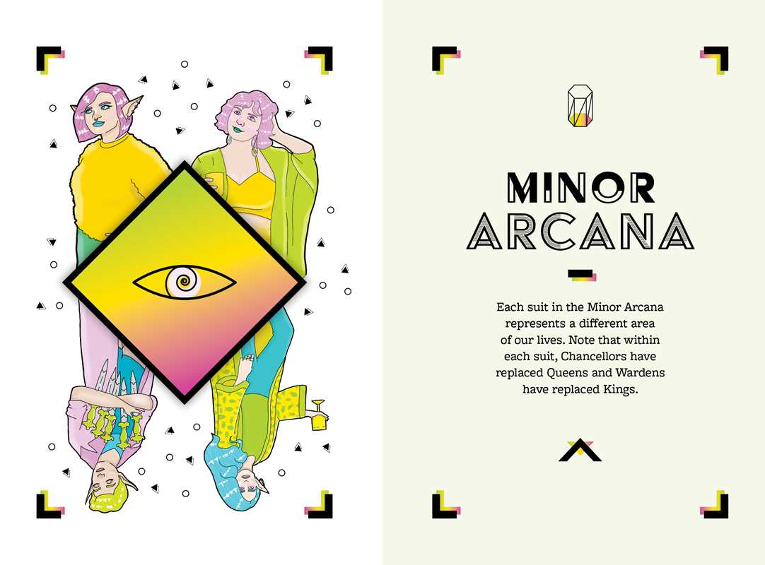 Illustration of two people with a colorful diamond symbol and text about Minor Arcana on a white background.