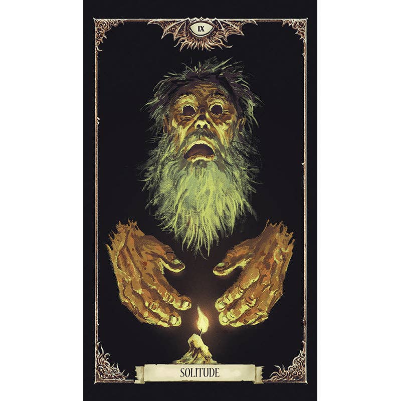Illustration of a mystical figure with outstretched hands holding a candle, framed with decorative elements.