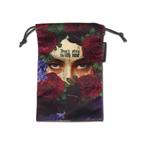A drawstring pouch featuring a gothic graphic print of a woman's eyes framed by red roses and green leaves, with the text 'Don't play with me' and a small 'COTOPAXI' brand tag on the side.