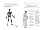 Book page with illustrations of a skeleton and a woman in classical attire, alongside text on a white background.