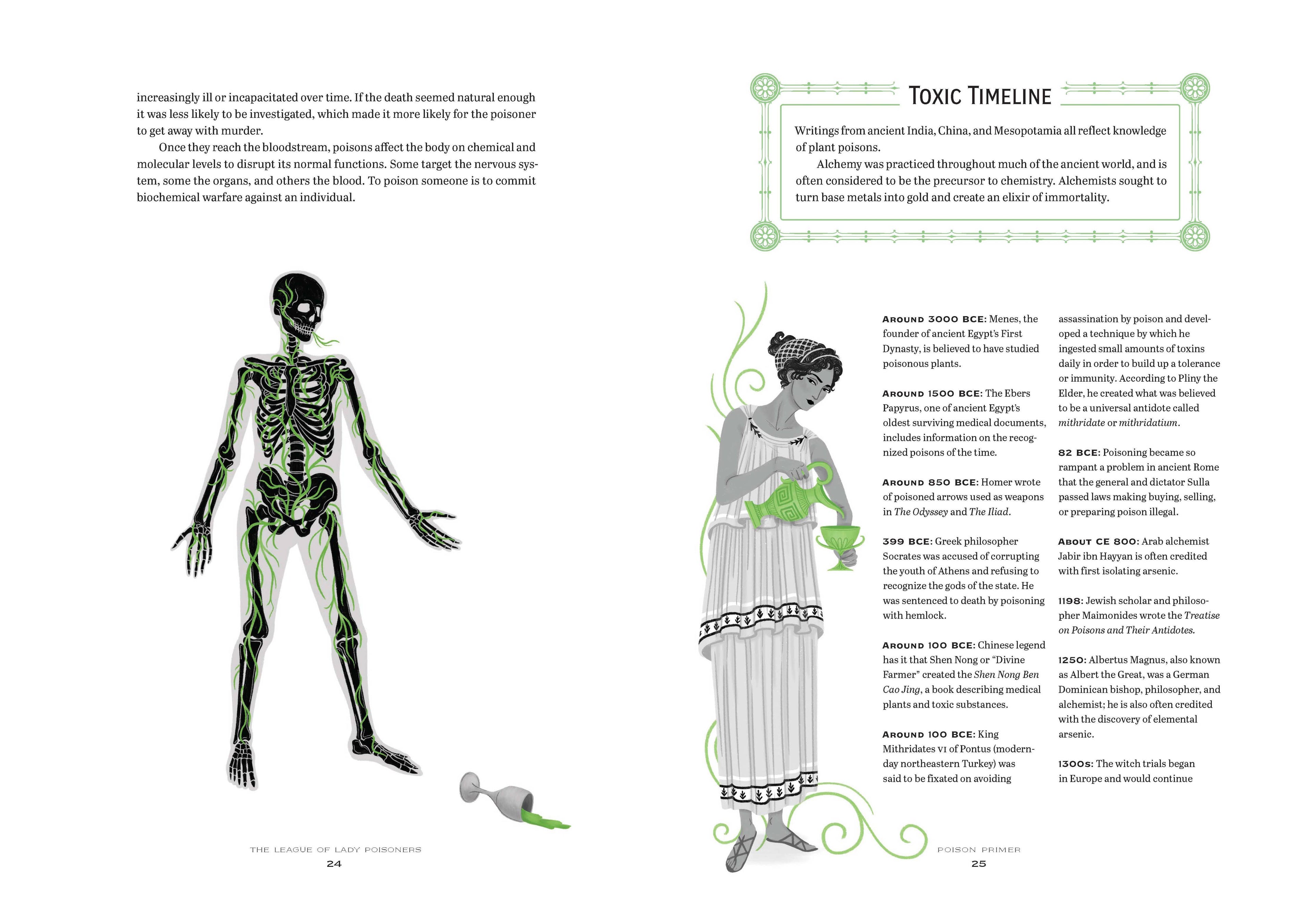 Book page with illustrations of a skeleton and a woman in classical attire, alongside text on a white background.