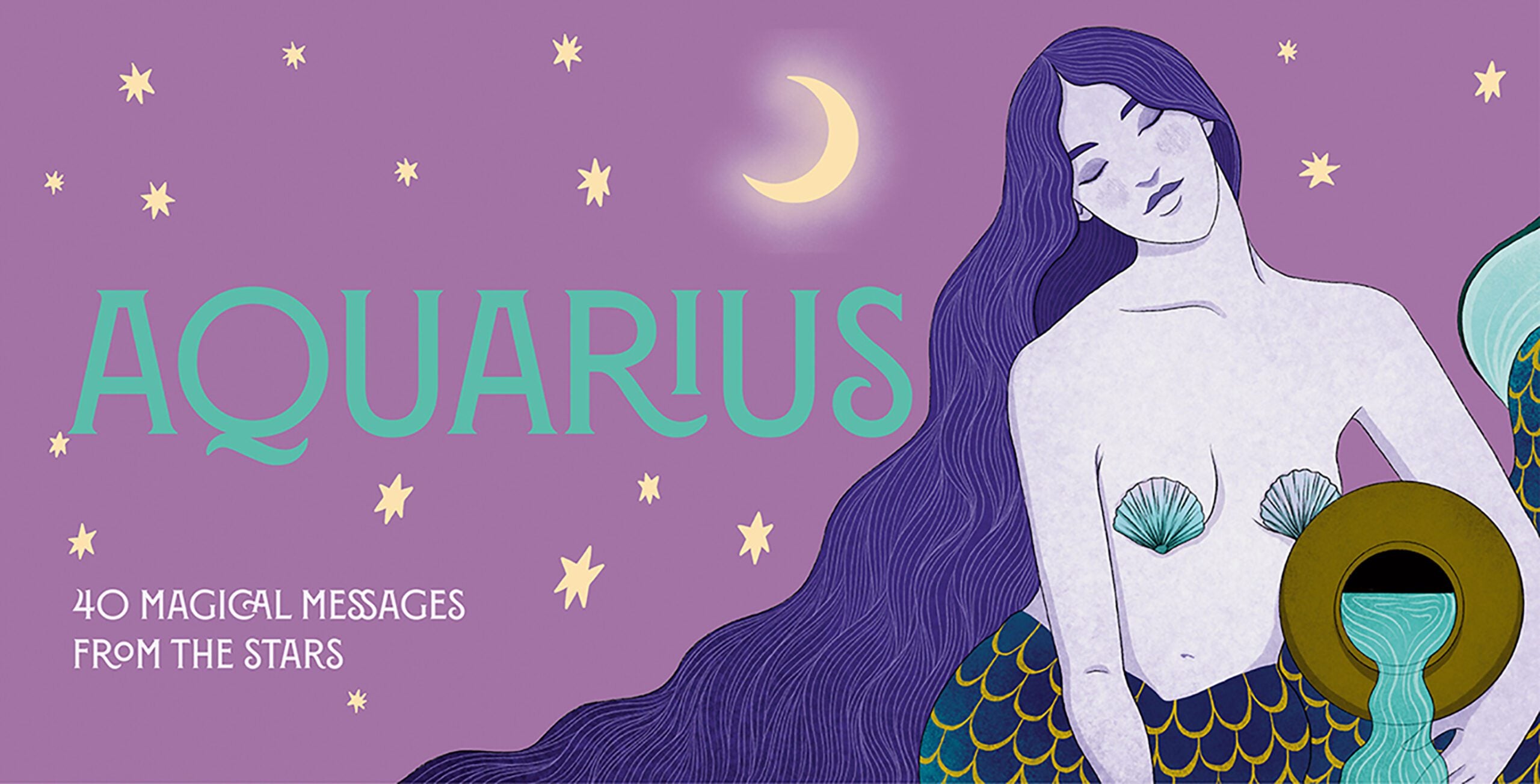 Illustration of a mermaid with 'Aquarius' text and star elements on a purple background