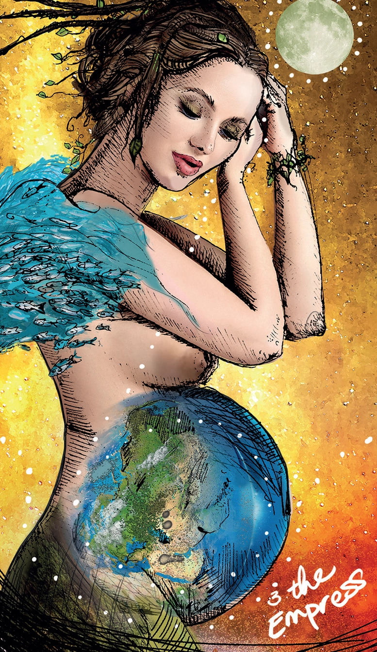 Illustration of a woman with Earth's surface on her body against a celestial background