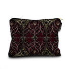 A rectangular zippered pouch featuring an ornate baroque-style pattern in deep burgundy red, black, and antique gold, shown on a plain white background.