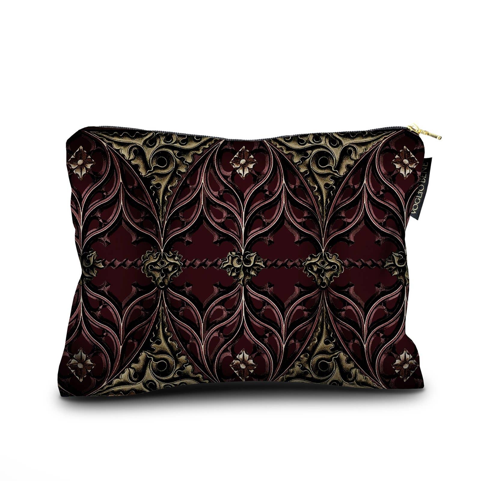 A rectangular zippered pouch featuring an ornate baroque-style pattern in deep burgundy red, black, and antique gold, shown on a plain white background.