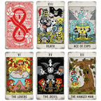 Six tarot cards with colorful illustrations and text