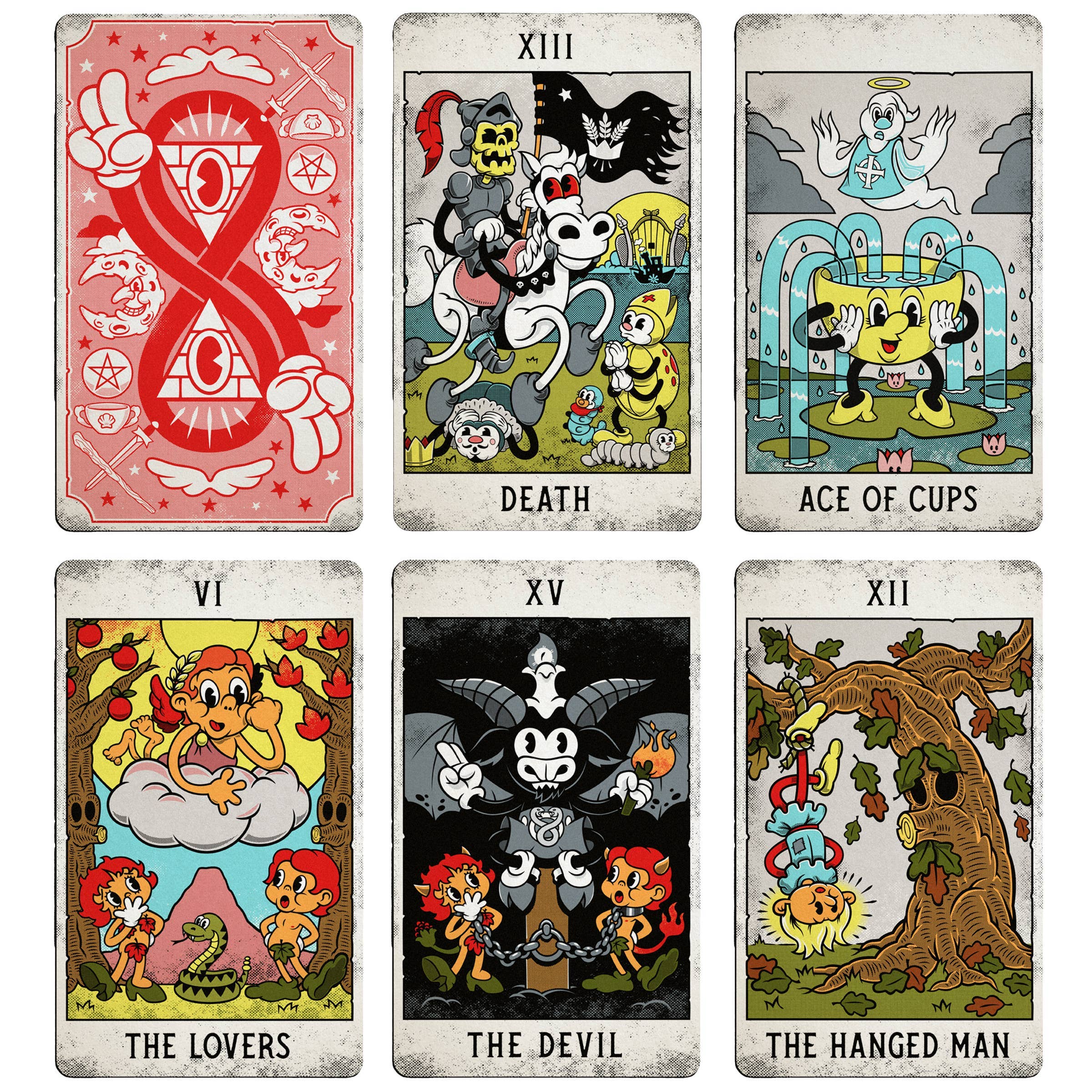 Six tarot cards with colorful illustrations and text