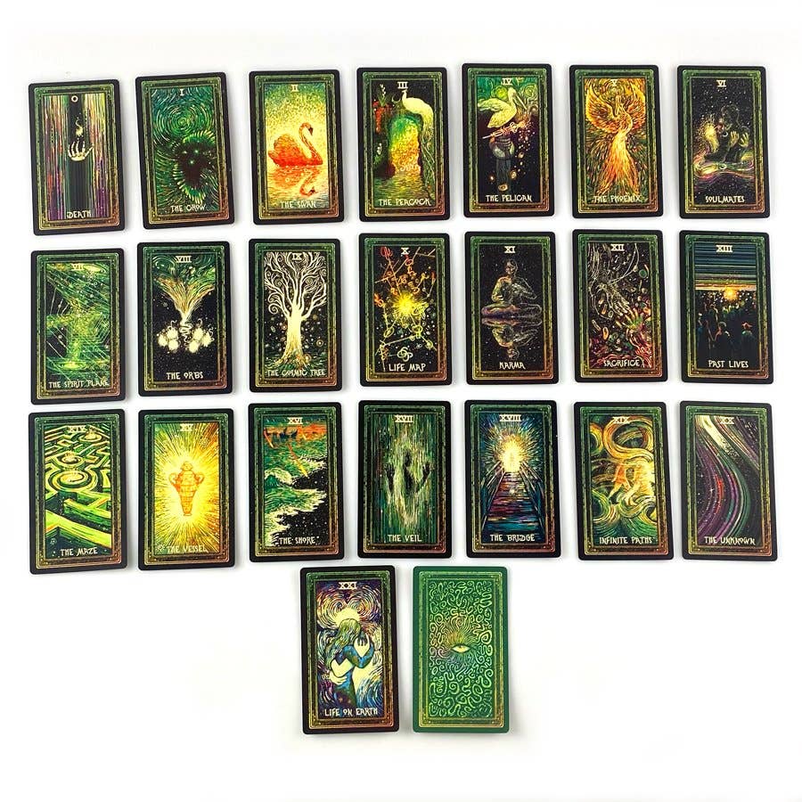 Set of tarot cards with colorful designs on a white background
