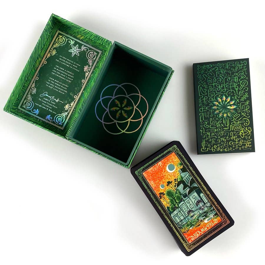 Green tarot card box with tarot cards on a white background