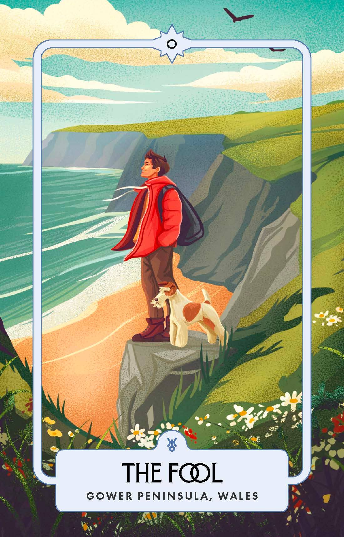 Illustration of a person with a dog standing on a cliff overlooking the ocean, with 'The Fool' card text at the bottom.