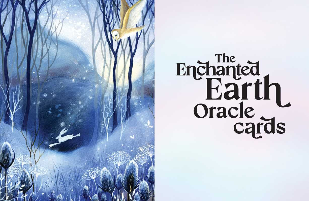 Cover of 'The Enchanted Earth Oracle cards' with a forest scene and owl illustration.