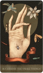 Vintage-style illustration of a hand holding flowers with nature elements on a dark background.