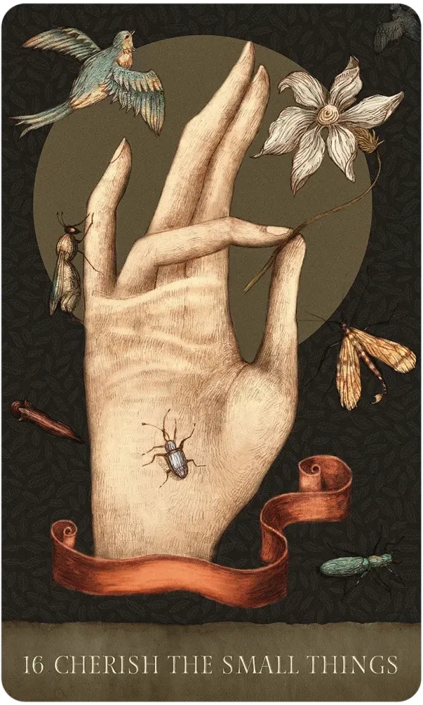 Vintage-style illustration of a hand holding flowers with nature elements on a dark background.