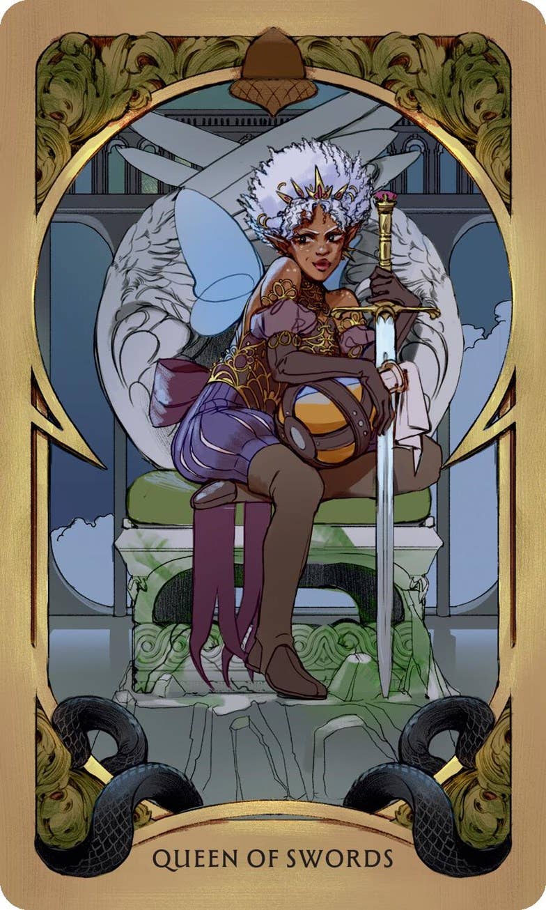 A tarot card titled 'Queen of Swords' featuring an illustrated winged woman seated on a throne, holding a sword, with ornate gold border details and dark snakes at the bottom.